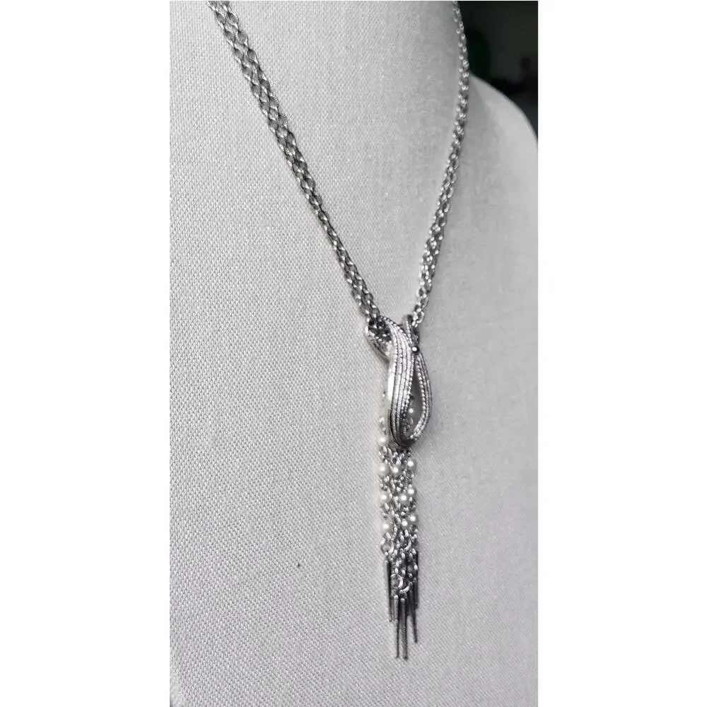Vintage Faux Pearl Double Strand Tassel Necklace 1960s